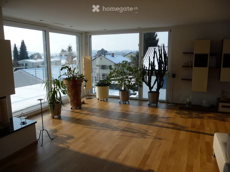 Bright living room with large windows offering a view, wooden flooring, several potted plants, a floor lamp, and built-in shelves.