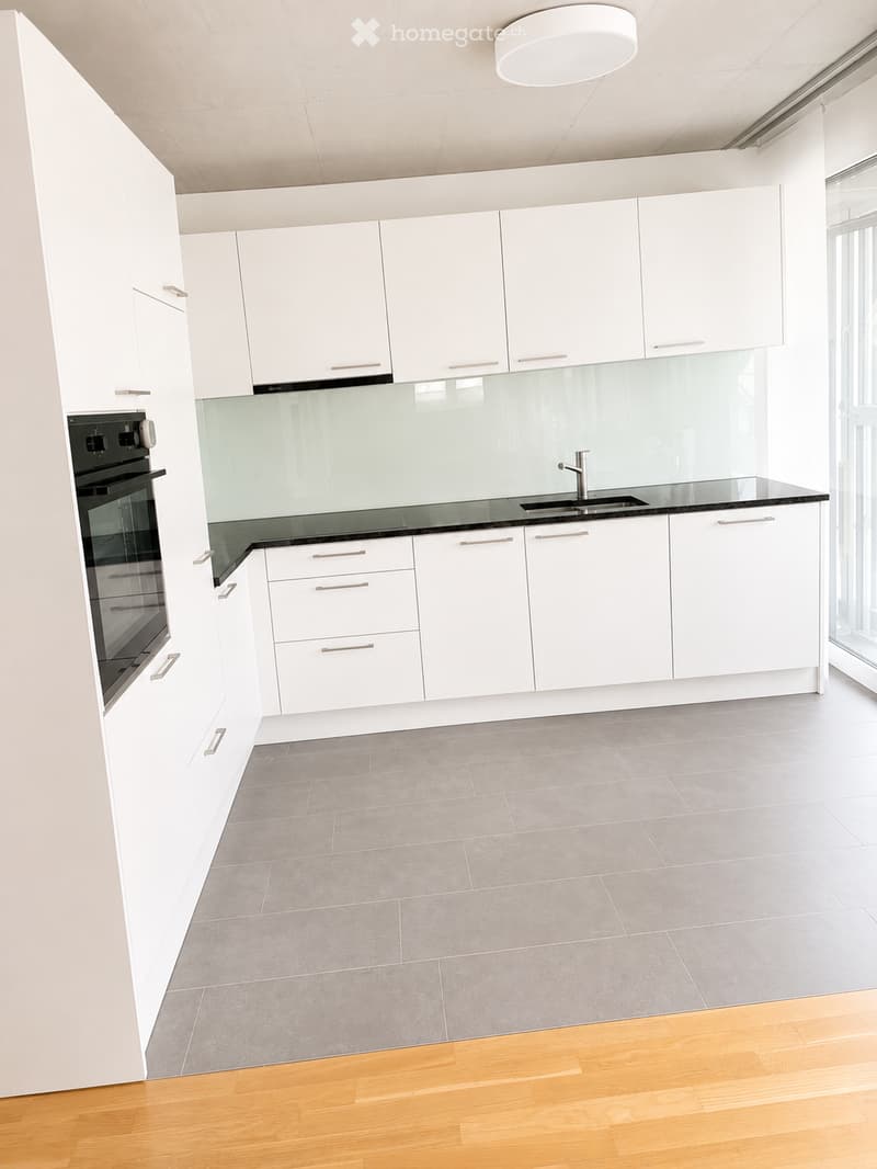 Modern kitchen with white cabinets, stainless steel sink, and built-in oven. Features a sleek, minimalist design with grey tiled flooring and a glass backsplash.