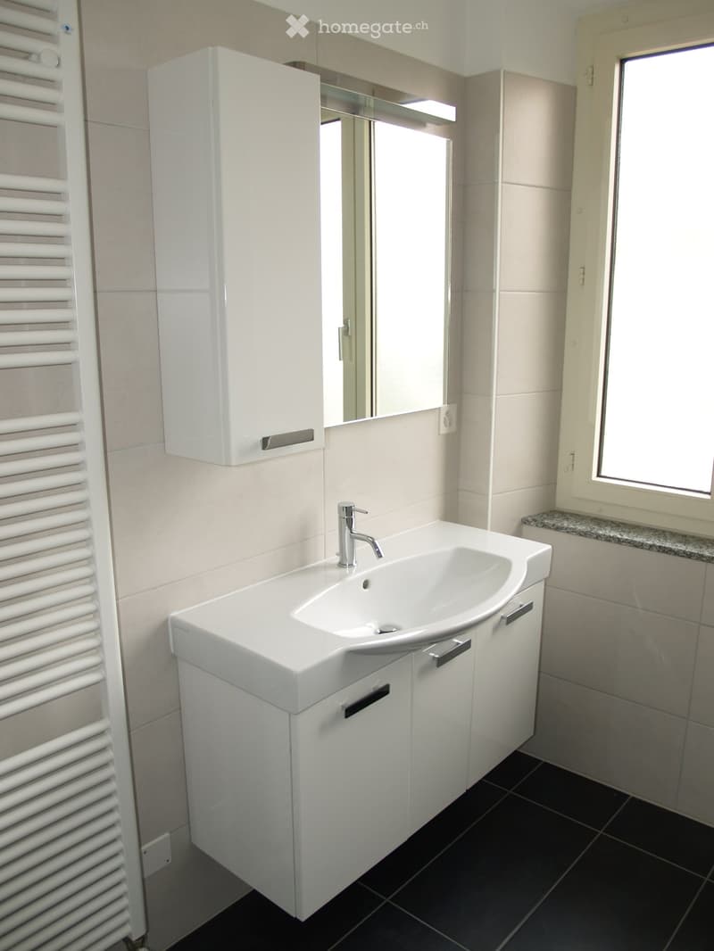 Modern bathroom with a white sink, chrome faucet, white cabinet, mirror, and a white radiator on the wall.