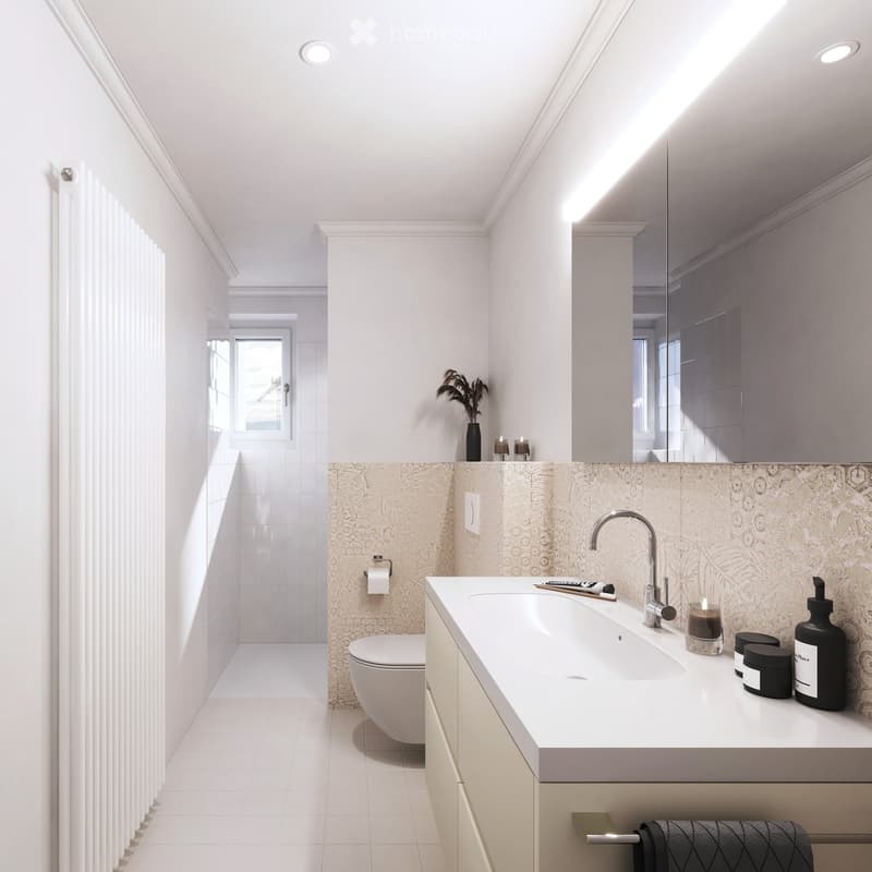 Modern bathroom with white tiles, a large sink, a toilet, a mirror, and decorative items including candles and a vase.