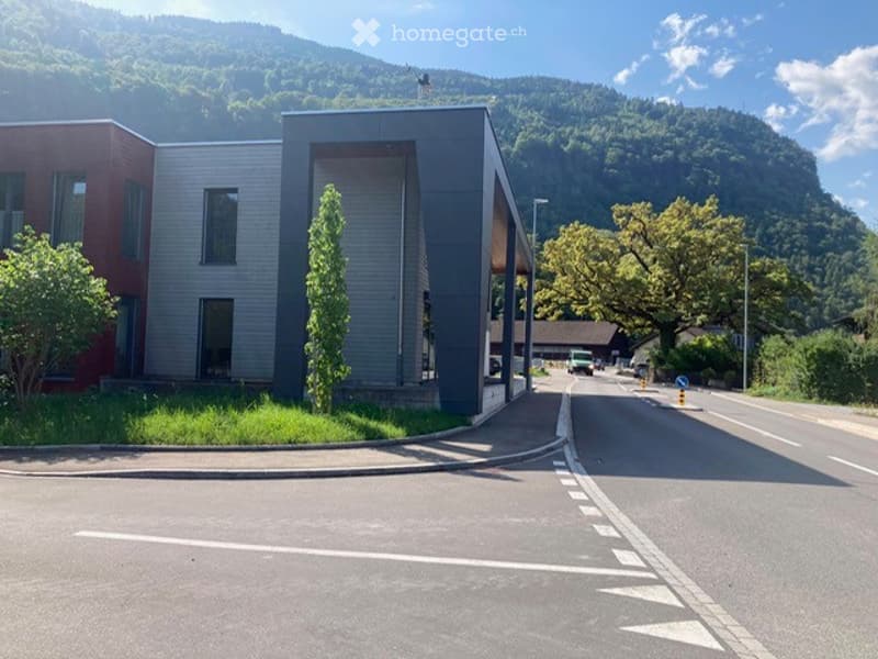 Modern building with a grey facade and large windows, situated on a paved road with a grassy area and trees nearby. A mountain is visible in the background.