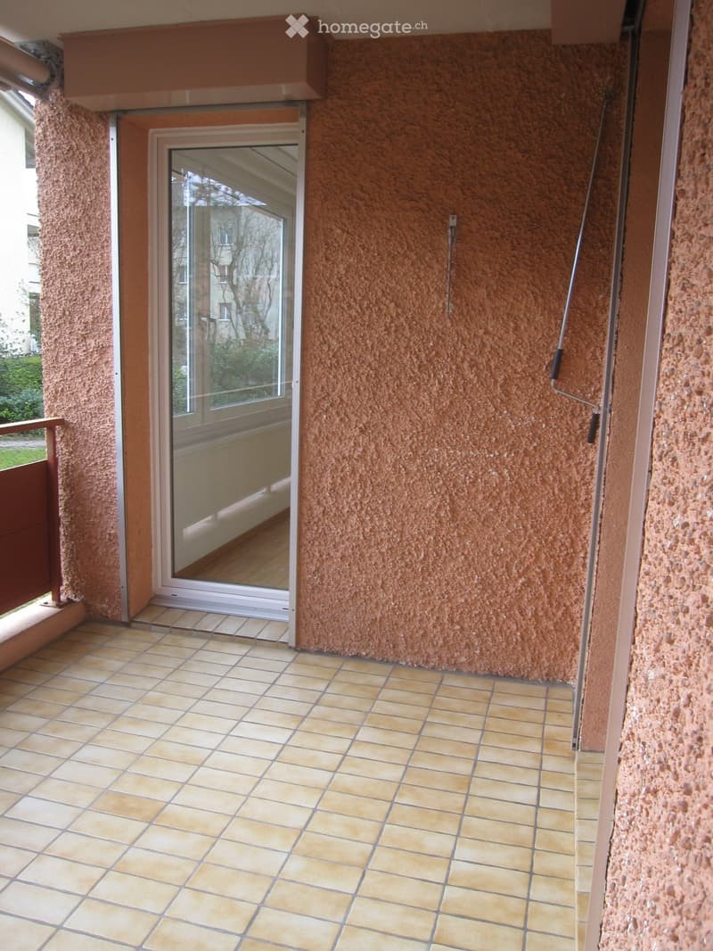 tiled floor, glass door, metal railing, brown wall