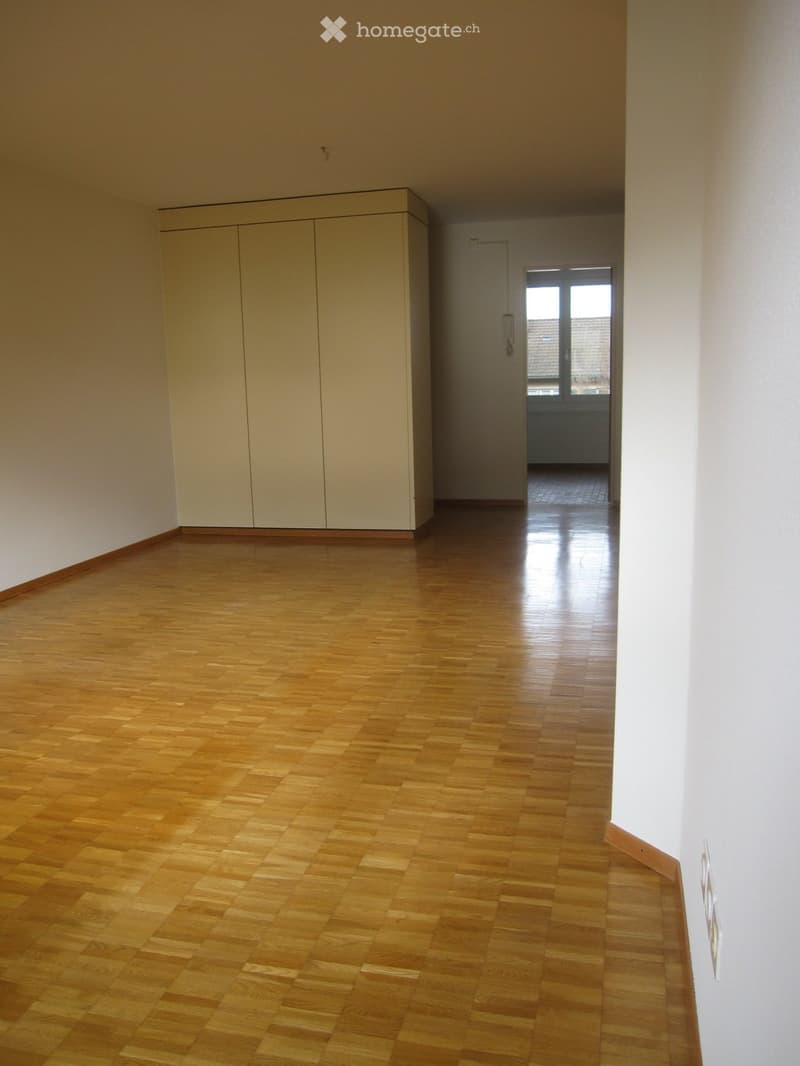 Empty room with wooden floor, white walls, large wardrobe, and a window.