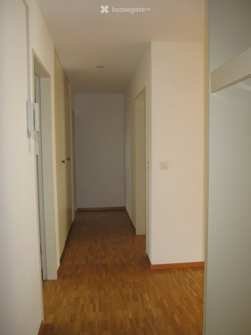 Empty hallway with wooden floor, white walls, and doors on both sides.