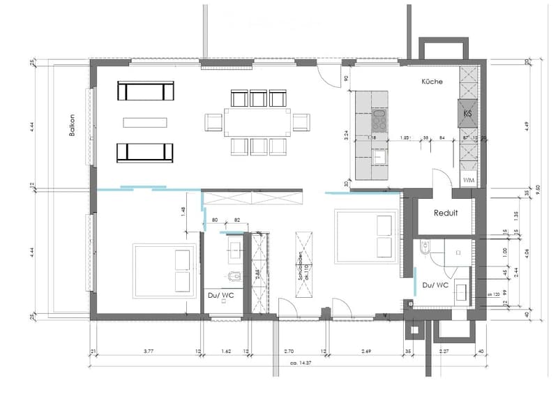 Floor plan showing a kitchen, living room, bedroom, and two bathrooms, with a balcony accessible from the living room.
