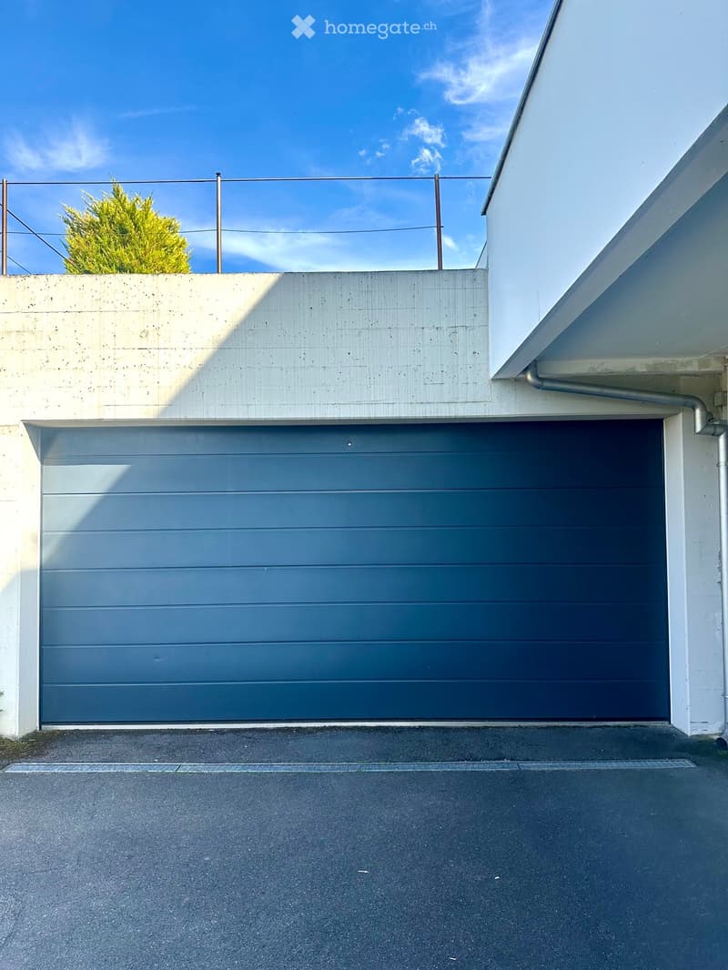 Modern building exterior with a large garage door, concrete wall, and a small tree in the background.