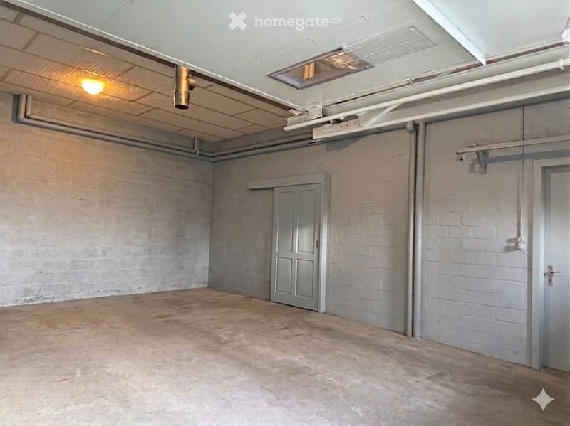 Empty room with brick walls, concrete floor, two doors, and a ceiling light