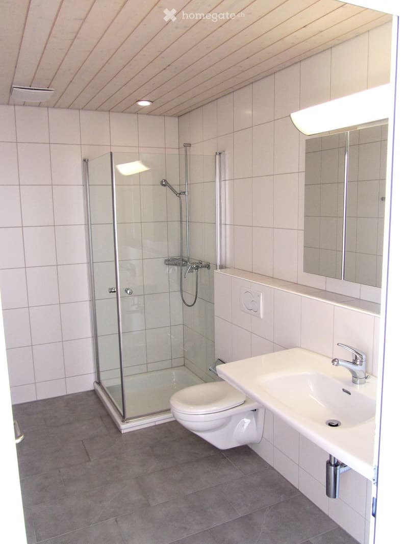 Modern bathroom with white tiles, a glass-enclosed shower, a toilet, a sink with a modern faucet, and a mirror above the sink.