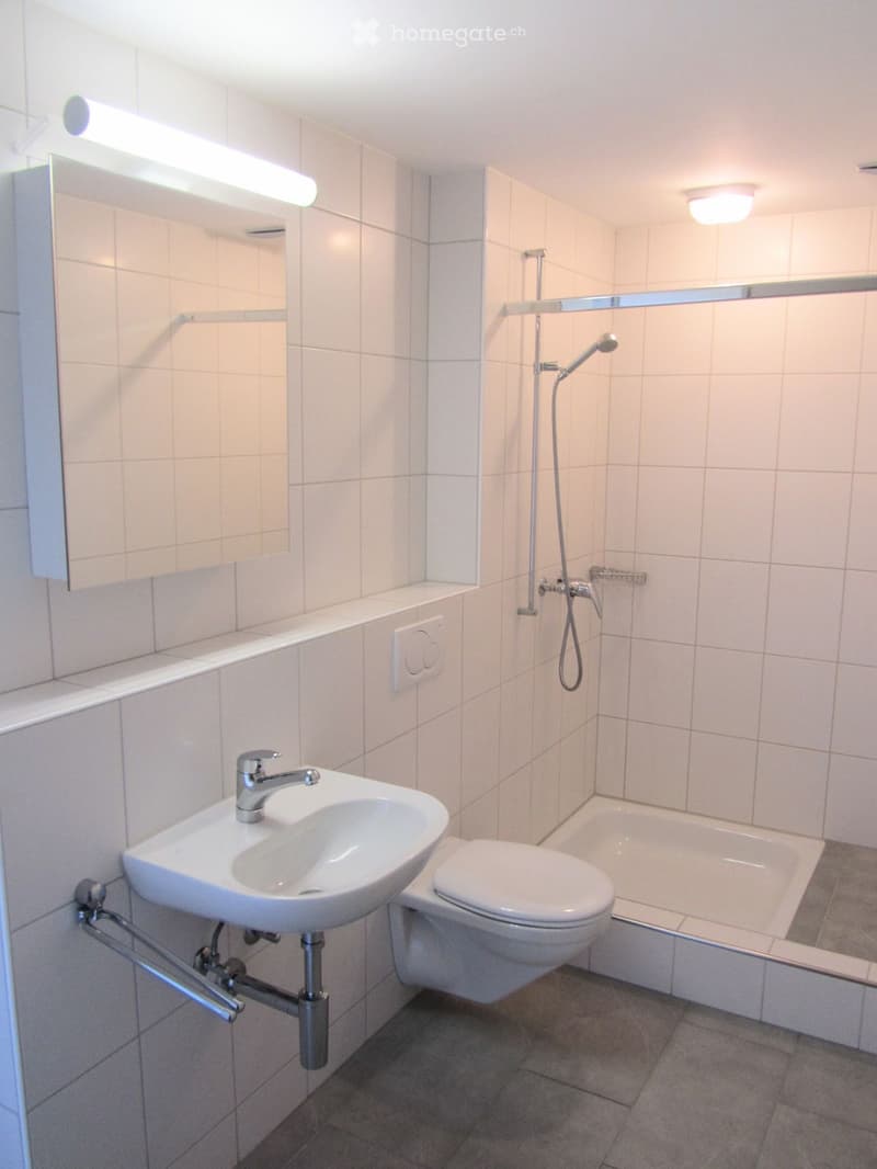Modern bathroom with white tiled walls, a sink with a chrome faucet, a toilet, a bathtub, and a shower with a handheld sprayer. A mirror with built-in lighting is mounted on the wall.