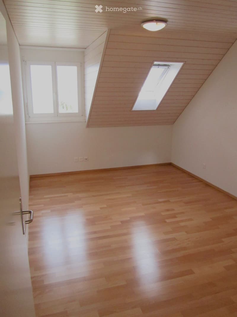 Empty room with wooden flooring, white walls, and a skylight window. The room has a simple, clean design with a door on the left side.