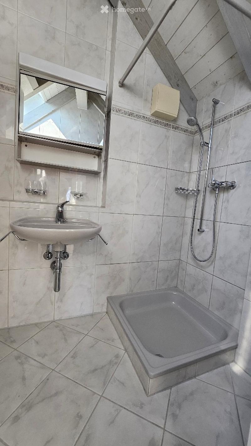 Modern bathroom with a sink, mirror, shower, and toilet. The walls and floor are tiled in a light grey marble pattern.