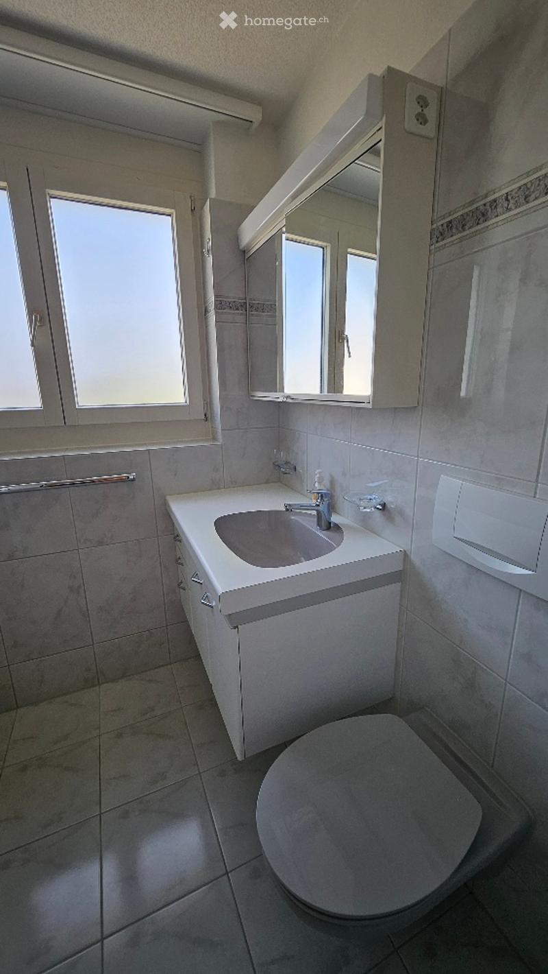 Modern bathroom with a white sink, mirror, and toilet. The room features tiled walls and floor, with a window providing natural light.