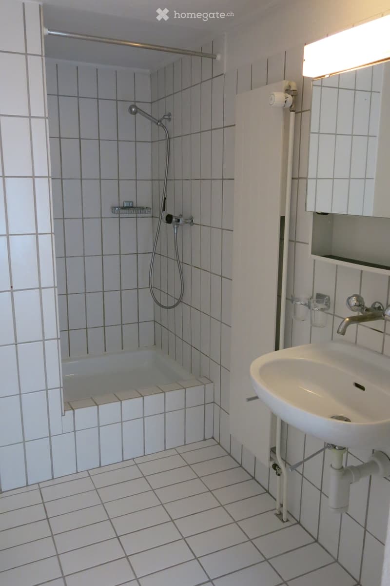 A small bathroom with white tiled walls and floor, featuring a bathtub with a showerhead, a sink with a mirror, and a toilet paper holder.