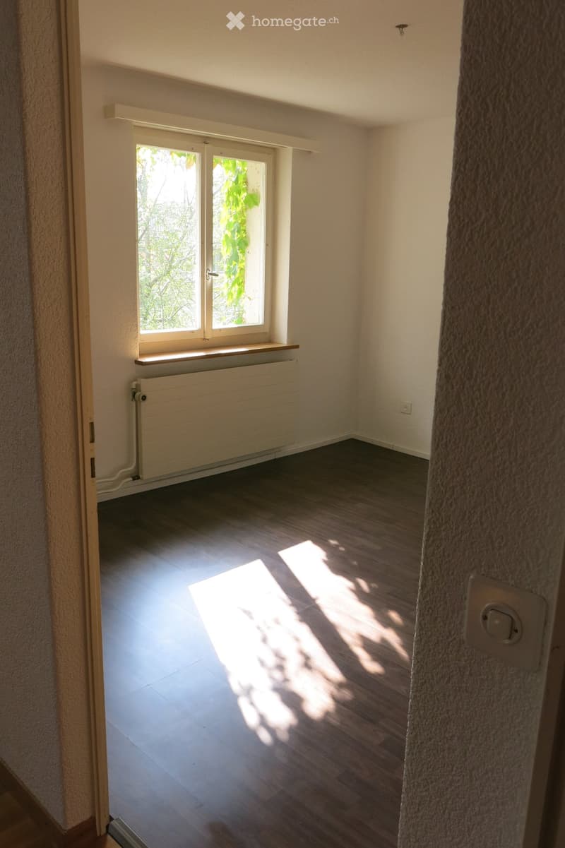 Empty room with wooden flooring, white walls, and a window with a radiator below it. Sunlight streams in, casting shadows on the floor.