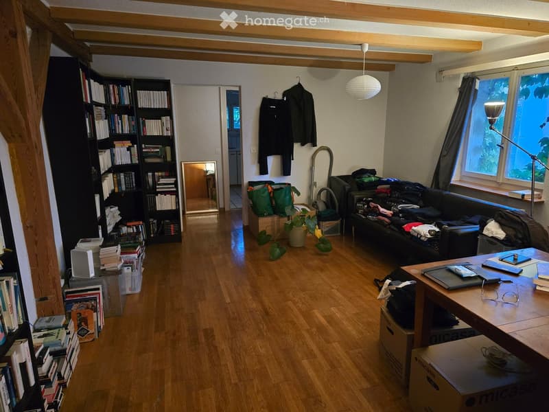 Living room with wooden floor, large windows, bookshelf, sofa, table, and various items including books and a plant.
