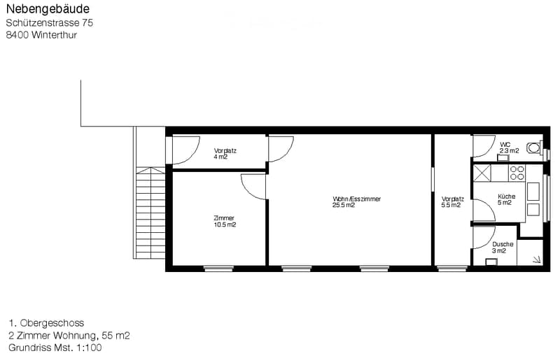 Floor plan of a 2-room apartment, 55 m2, including living/dining room, bedroom, kitchen, bathroom, and hallway.
