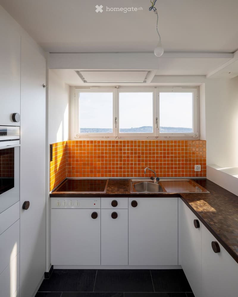 Modern kitchen with white cabinets, dark countertops, and orange backsplash tiles. Features a double sink, faucet, and built-in oven.