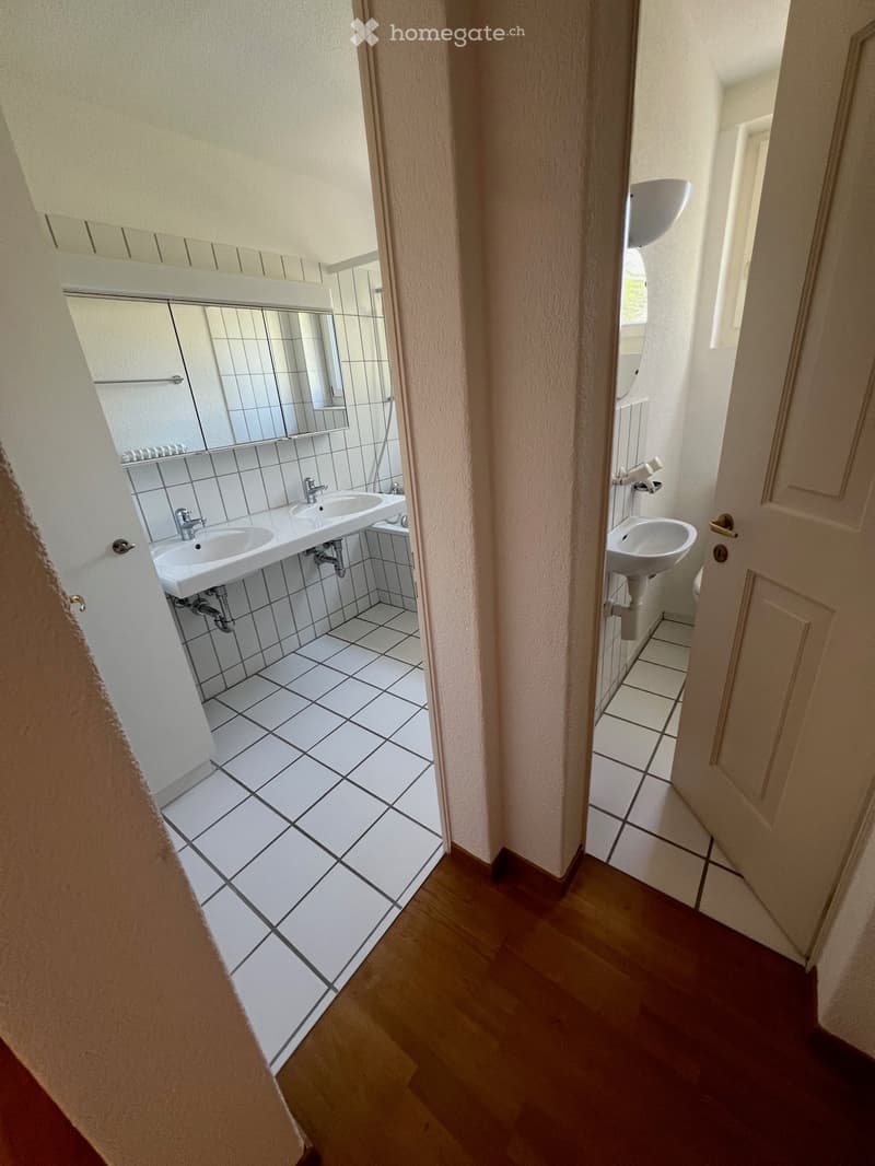 Bathroom with two sinks, mirror, bathtub, toilet, and white tiles