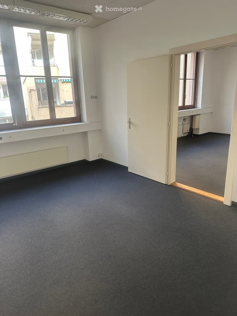 Office room, two windows, two radiators, one open door, one closed door, grey carpet