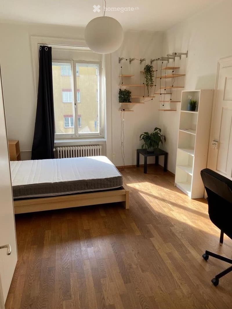 Bright bedroom with wooden flooring, a bed, a chair, a small table, shelves, and potted plants. Large window with black curtains and a radiator below.