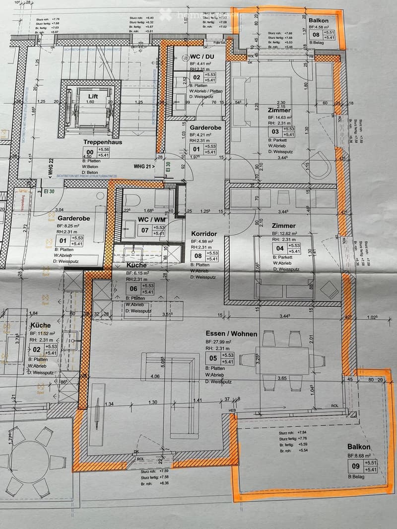 Floor plan of an apartment with multiple rooms including kitchen, living/dining area, bedrooms, bathrooms, hallway, and balcony.