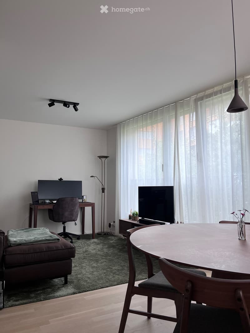 A modern living room with a sofa, a round wooden table with chairs, a desk with a laptop, and a large screen. The room features large windows with sheer curtains, a floor lamp, and a small plant on the coffee table.
