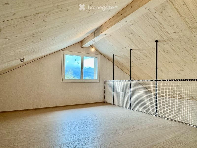 Empty attic space with wooden walls and ceiling, large window offering a scenic view, and a small net barrier.
