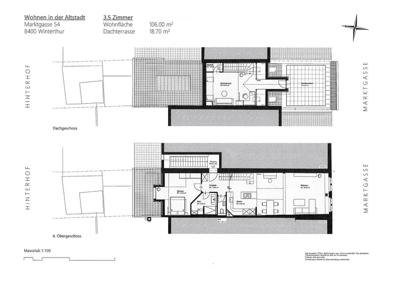 Floor plan of a 3.5-room apartment with 106.00 m² living area and18.70 m² roof terrace. Layout includes living room, kitchen, bedroom, bathroom, and roof terrace.
