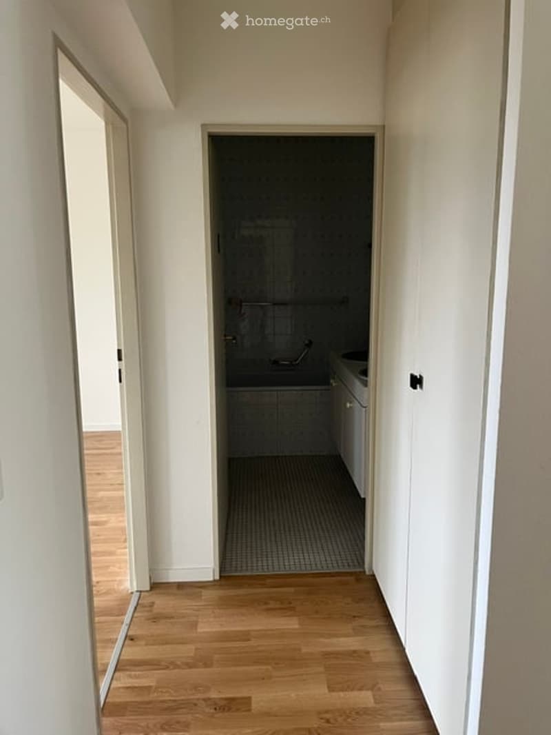 A narrow hallway with wooden flooring and white walls, leading to a small bathroom with a bathtub and shower area.