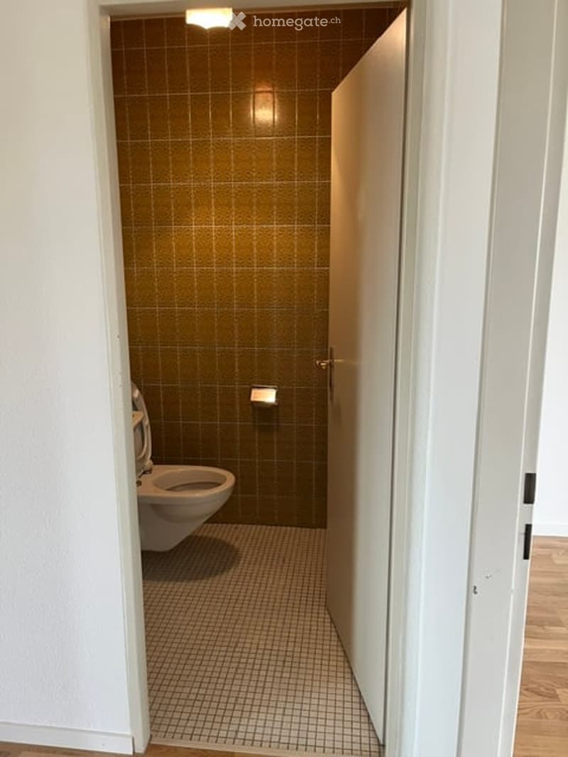 Small bathroom with brown tiled walls and floor, white toilet, and a closed white door.
