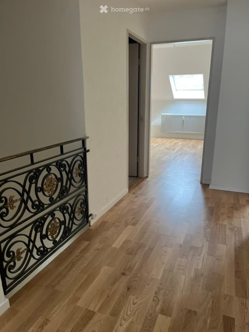 Spacious hallway with wooden flooring and ornate metal railing leading to another room with a skylight window.