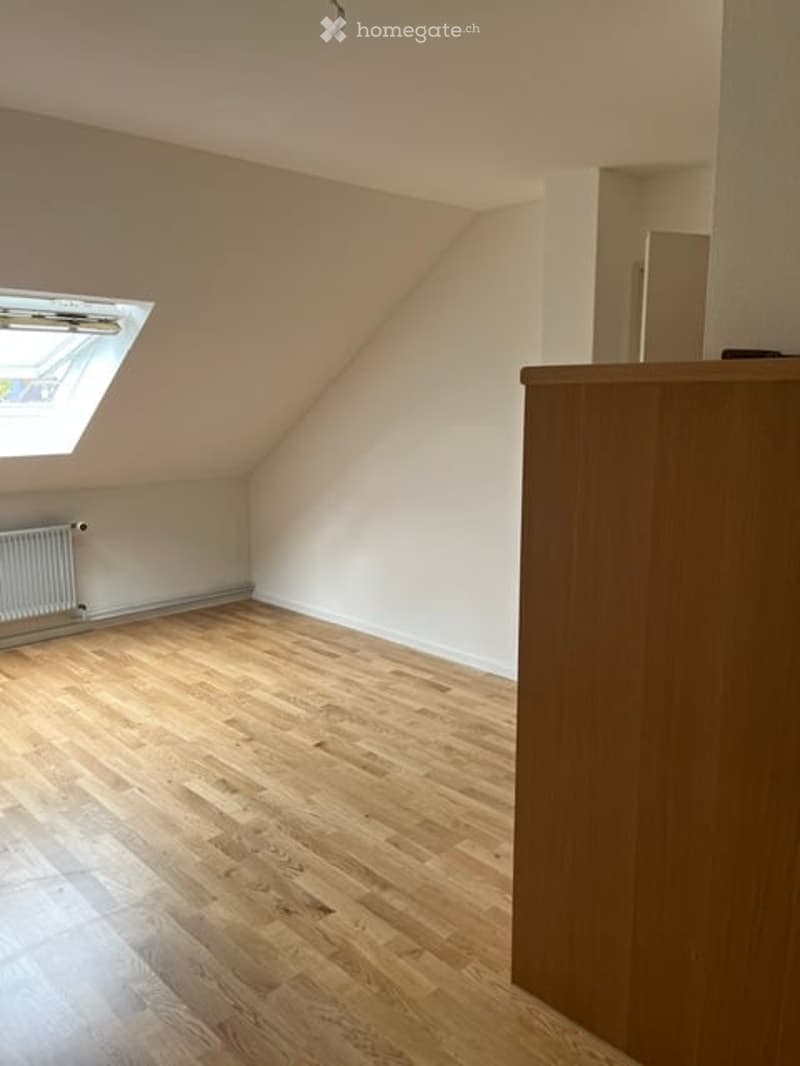 Empty attic room with wooden flooring, white walls, and a skylight window. No furniture or equipment present.
