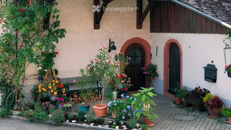 A charming garden area in front of a house with a beige facade, featuring a variety of potted plants and flowers, a wooden bench, and neatly stacked firewood.