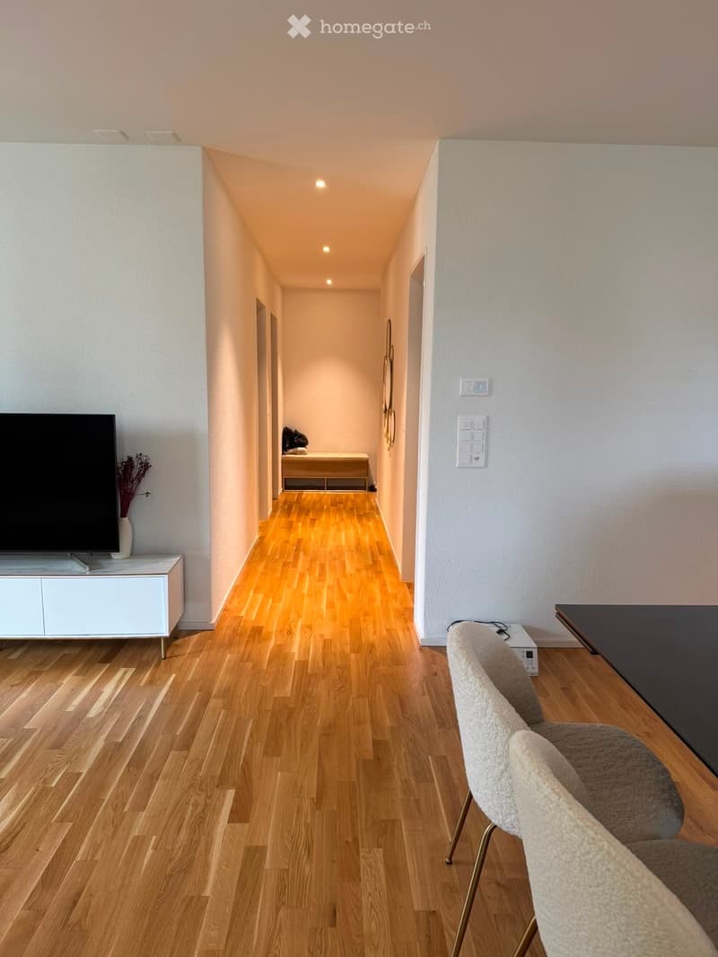 A modern hallway with wooden flooring, a TV stand with a flat-screen TV, a vase with dried flowers, and a small seating area with a chair and table.