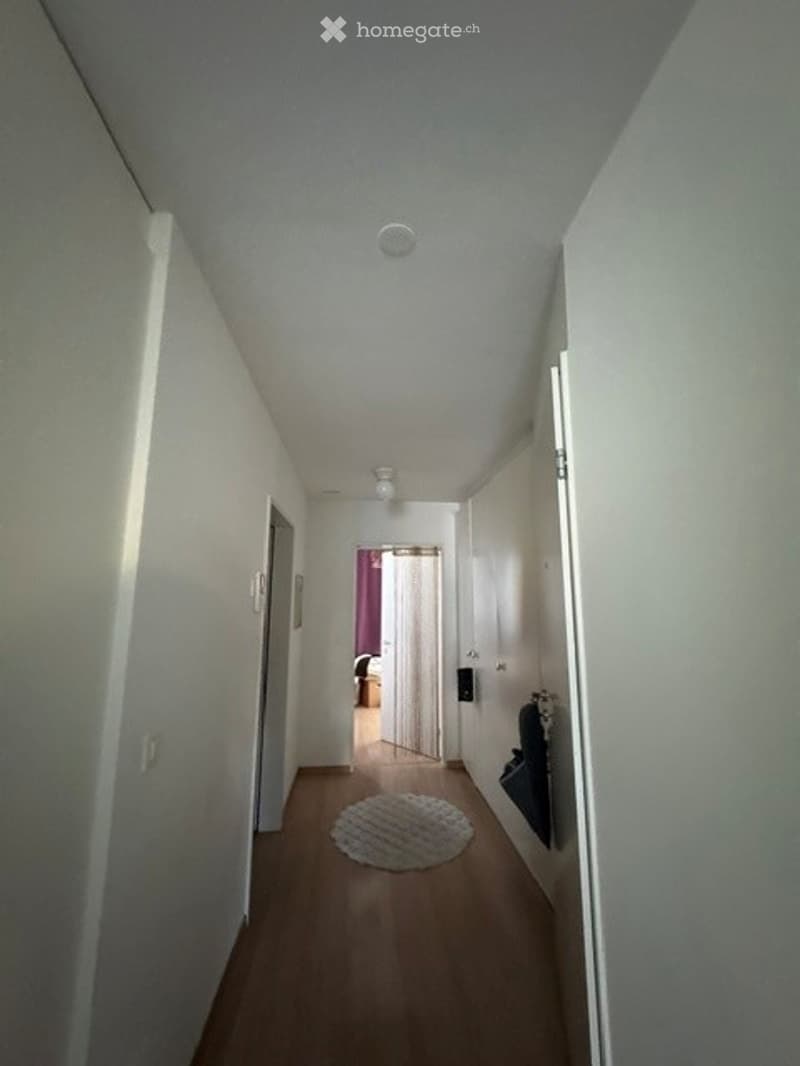 A narrow hallway with white walls, wooden flooring, and a round rug placed in the center. The hallway leads to an open door at the end, revealing a glimpse of another room with furniture.
