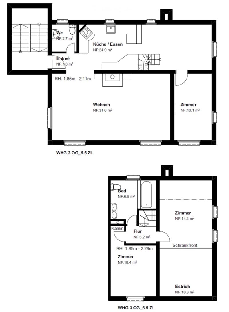 Floor plan of a 5-room apartment on the 2nd and 3rd floors, including living room, kitchen, bedrooms, bathrooms, and hallway.