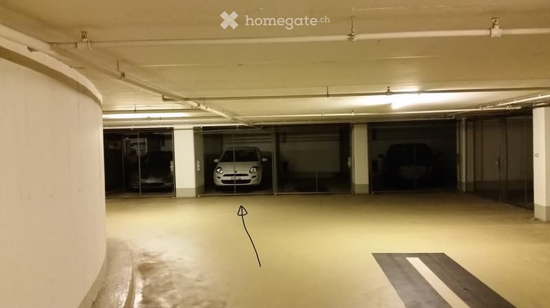 Underground parking area with concrete floors and walls, featuring several parking spaces and a visible car in one of the slots.