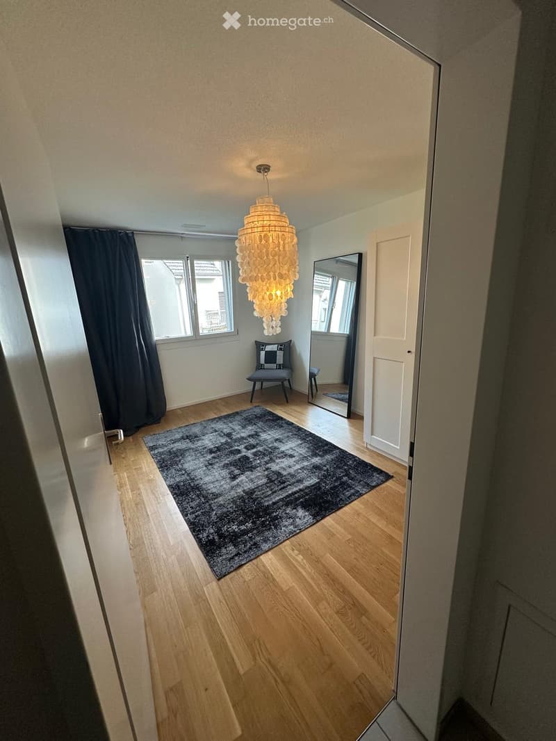 A modern hallway with wooden flooring, a large black rug, a hanging chandelier, a chair, and a mirror.