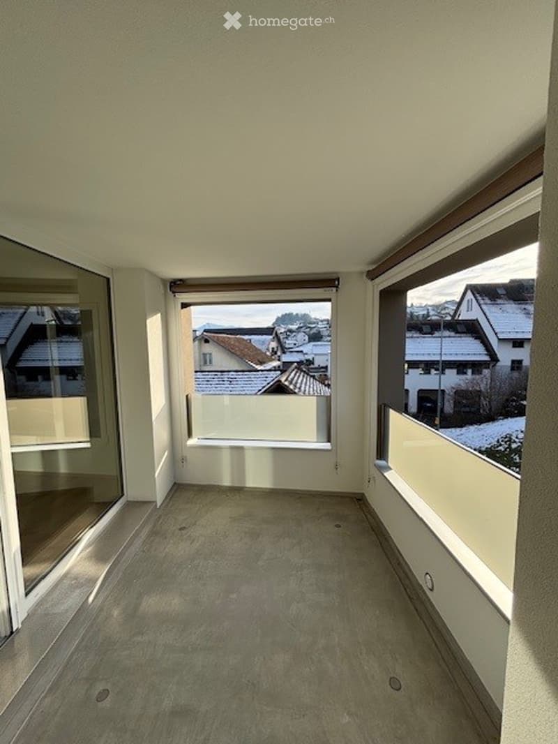Empty balcony with large windows offering a view of neighboring rooftops and a snowy landscape.