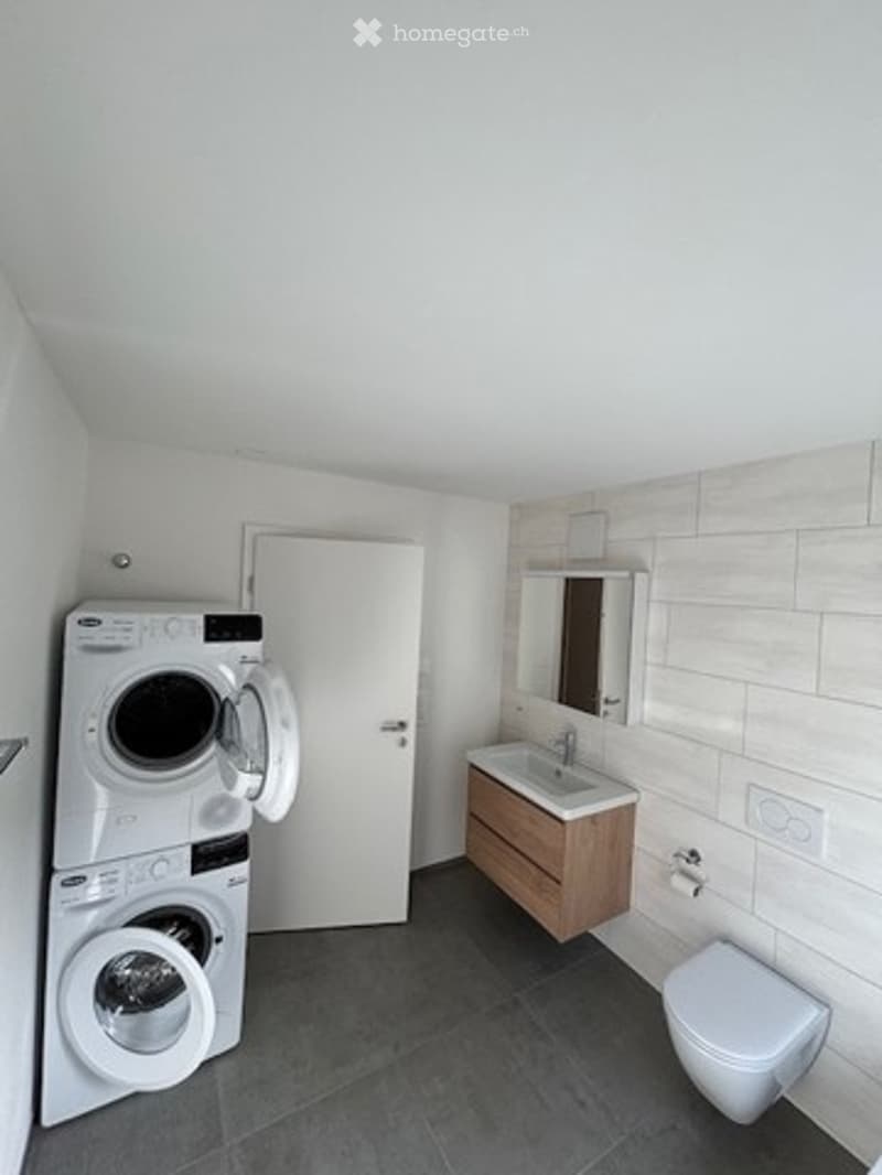 Modern bathroom with white walls, dark grey tiles, a washing machine, a sink with a wooden cabinet, a mirror, and a toilet.