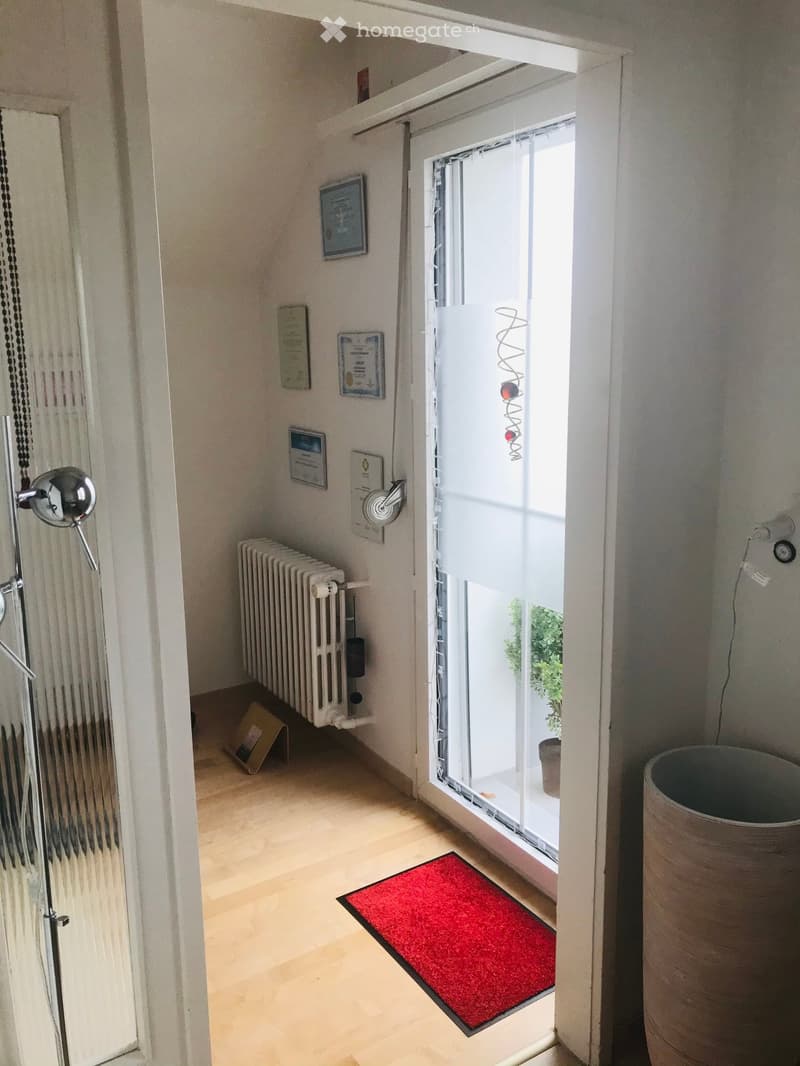 Hallway with wooden flooring, radiator, framed certificates, a red doormat, and a large window with blinds leading to a small outdoor area.