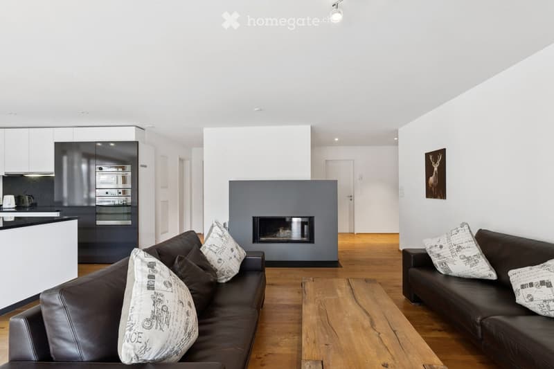 Modern living room with dark leather sofas, wooden coffee table, fireplace, and an open kitchen area with stainless steel appliances.