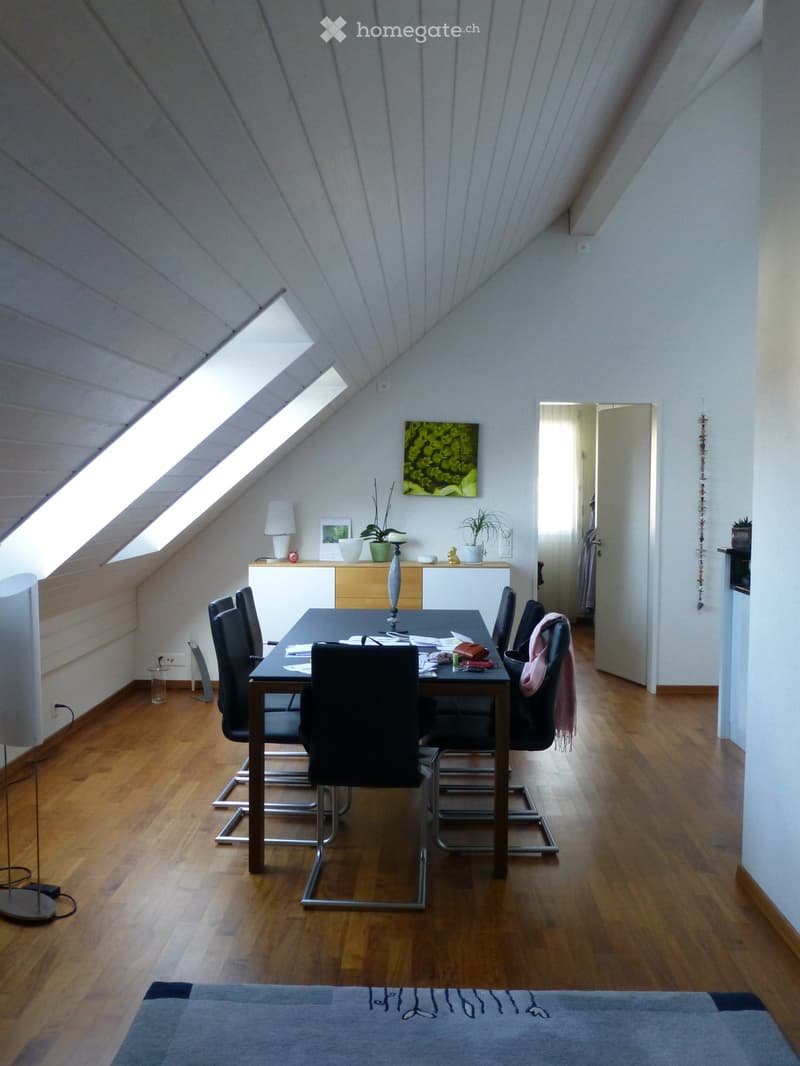 Bright attic room with wooden flooring, slanted ceiling, skylights, dining table with chairs, cabinet, lamp, plant, picture frame, and floor lamp.