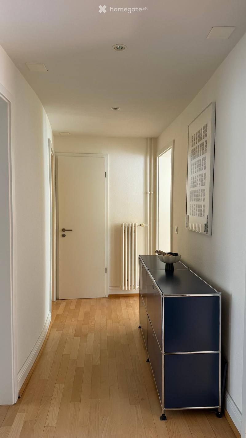 Modern hallway with light wooden flooring, white walls, and recessed ceiling lighting. Features a sleek black sideboard with a bowl and decorative items, a framed artwork on the wall, and a radiator near the door.