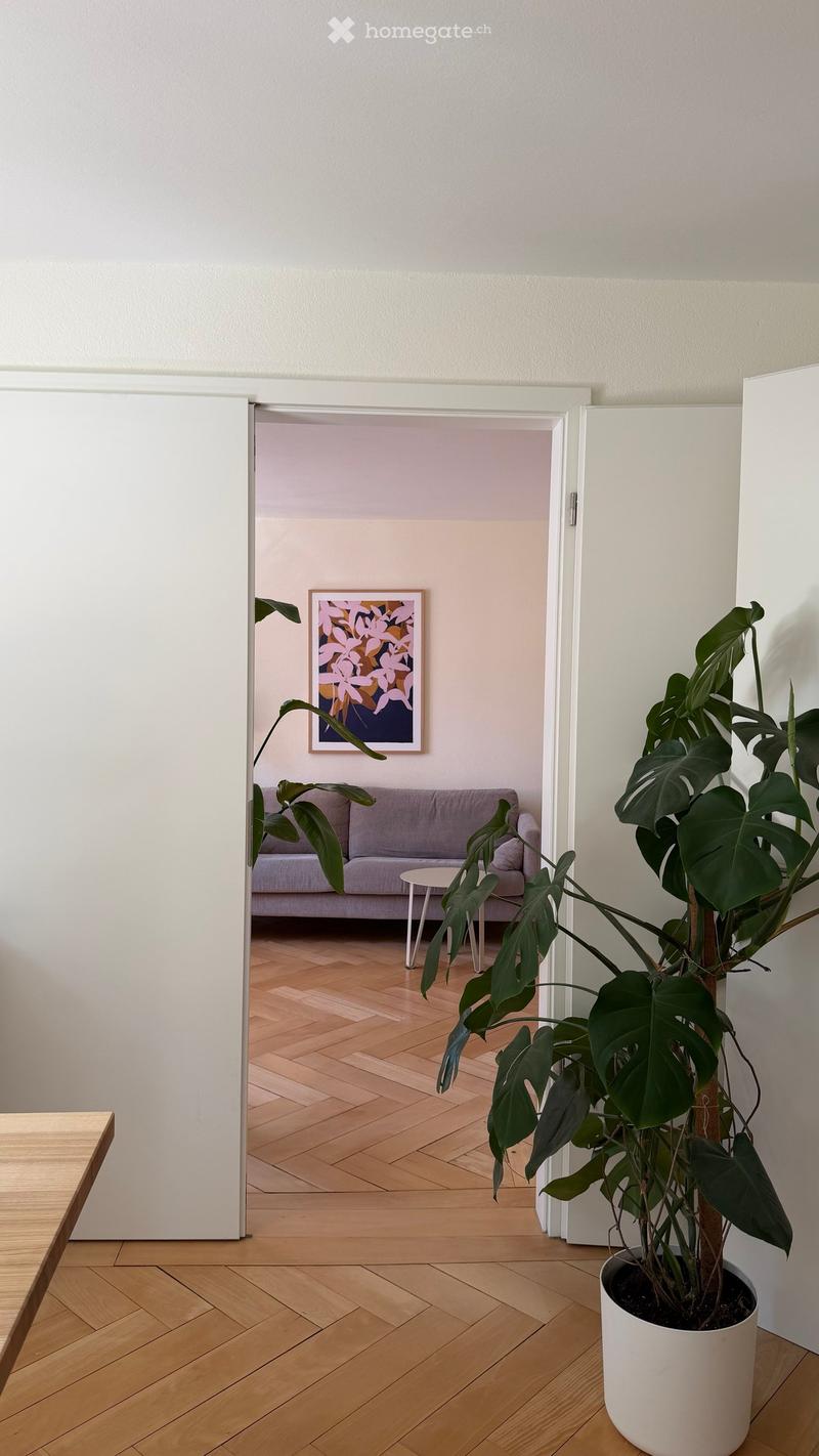A modern hallway with a large potted plant on the right and a view into a living room with a grey sofa, small round table, and artwork on the wall.