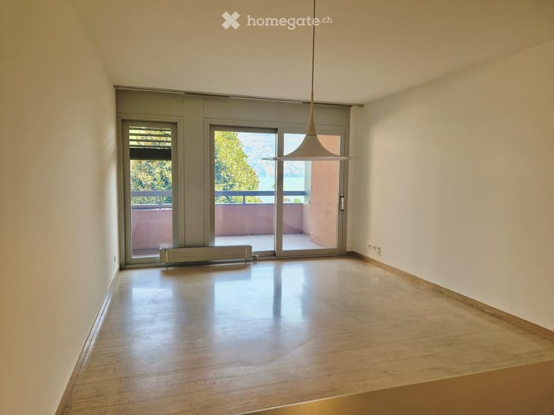 Empty room with wooden flooring, white walls, large sliding glass doors leading to a balcony, and a modern pendant light fixture.