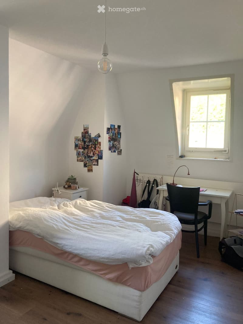 Cozy bedroom with a single bed, desk, chair, and a window letting in natural light. The walls are adorned with picture frames and a small plant sits on a nightstand.