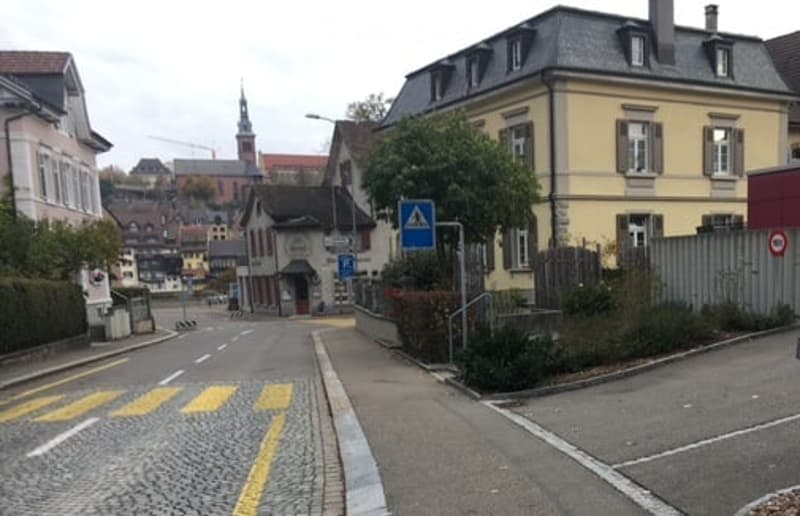 A quiet street lined with multi-story residential buildings, featuring classic European architecture with pitched roofs and chimneys. The road is paved with cobblestones and marked with yellow pedestrian crossing lines. A small garden area is visible in f