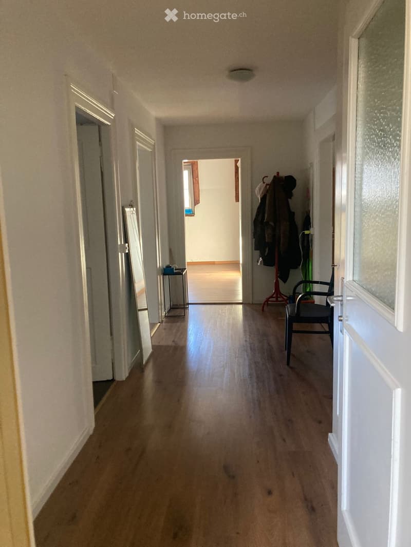 A long, narrow hallway with wooden flooring and white walls, featuring several doors and a coat rack with jackets and a chair near the end.