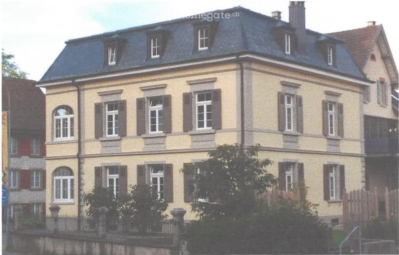 A multi-story residential building with a classic European architectural style, featuring a steeply pitched roof, multiple chimneys, and numerous windows with shutters.